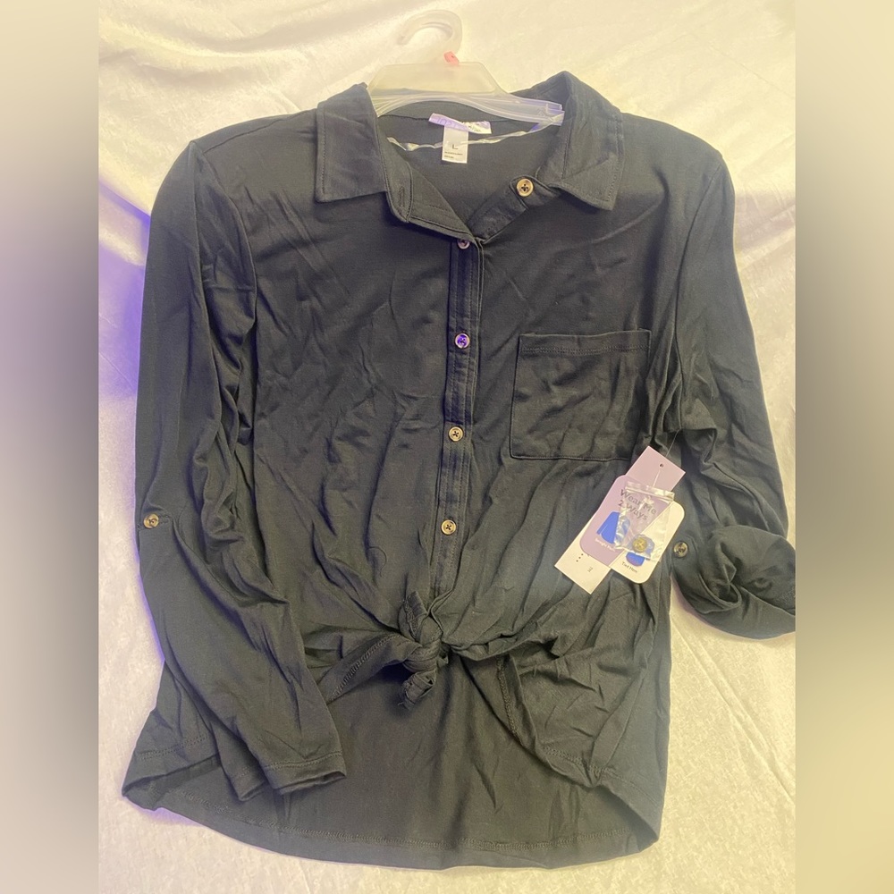 Ladies black button up with tie, folding sleeve with button, NWT, multiple sizes